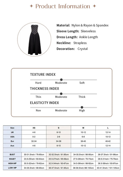 VC Glamorous Black Sleeveless Strapless Dress with Diamond-Grid Details for Galas Gown