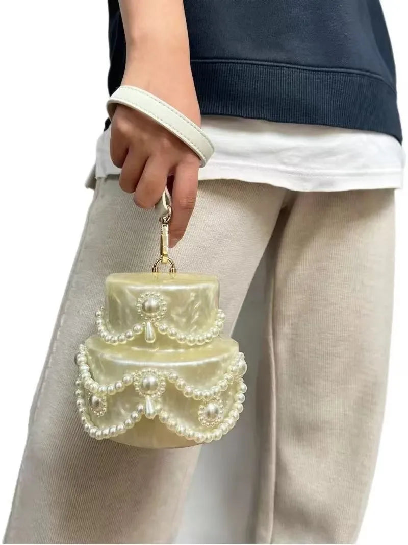 Women Acrylic Cake Bag Cute Pearl Evening Clutch Bag Beading Pearl Purse For Wedding Party Luxury shoulder Handbag Designer Chic - Kimlud