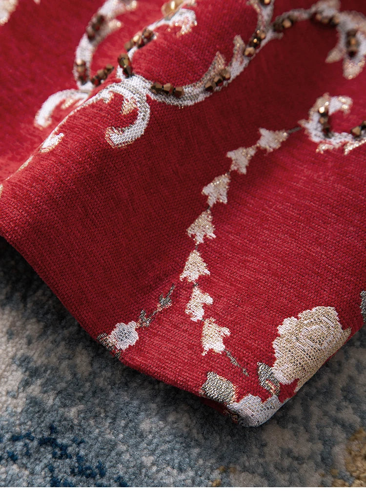 Women Red Embroidered Beaded Jacket Floral Longline Coat Round Neck 3/4 Sleeve Loose Casual Vintage Outerwear Top |...