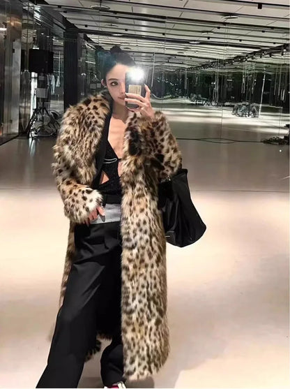Luxury Vintage Harajuku Leopard Print Long Faux Fur Coat Women's Warm Winter Fur Trench Coat Thick Lapel Trendy Long Jacket Chic