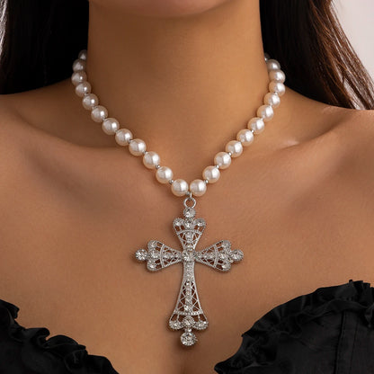 IngeSight.Z Trendy Goth Large Cross Pendant Necklace Elegant Charming Imitation Pearl Woman Choker Y2K Neck Jewelry Accessories