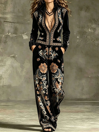 Women Vintage Velvet Jumpsuit Flower Print Stand Collar Zip Front Long Sleeve Wide Leg Loose Romper Formal Cocktail...