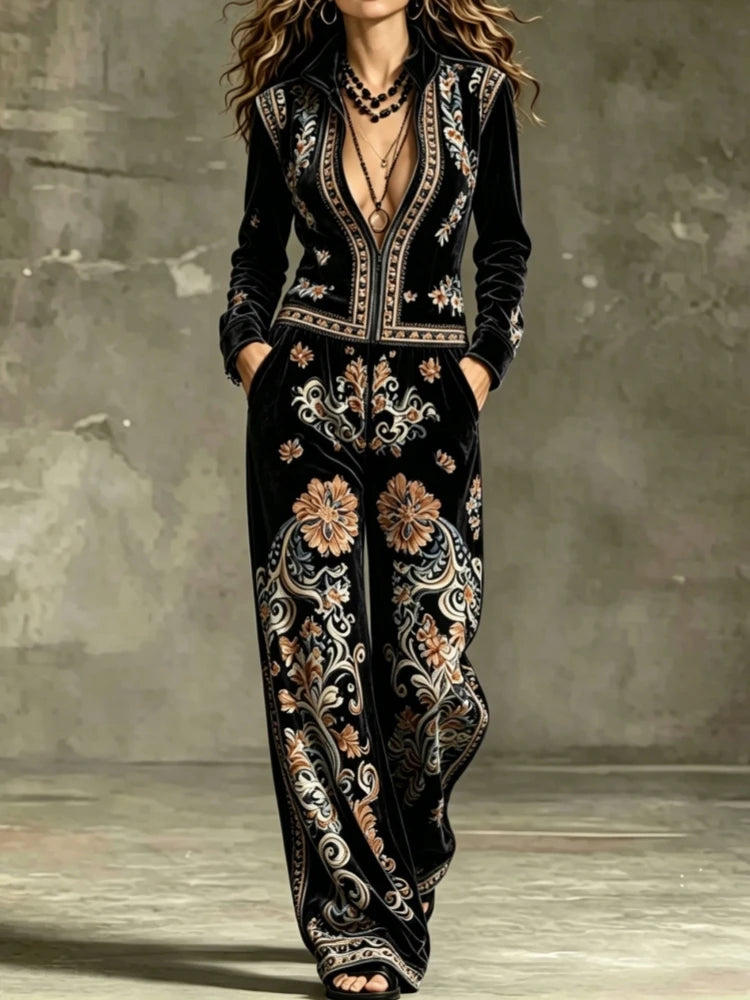 Women Vintage Velvet Jumpsuit Flower Print Stand Collar Zip Front Long Sleeve Wide Leg Loose Romper Formal Cocktail...