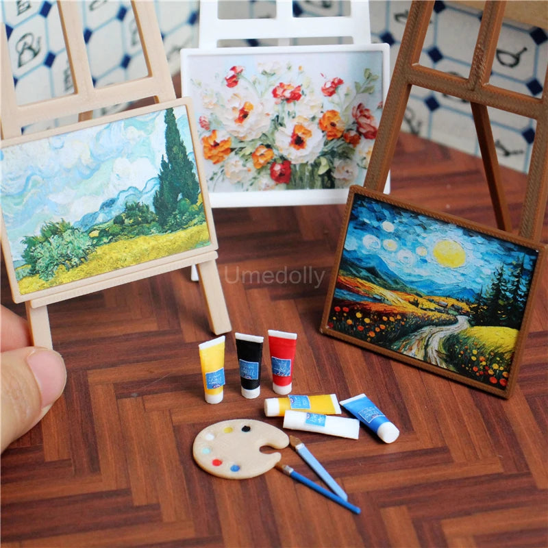 1/12 Scale Miniature Dollhouse Painting Pigments Palette Easel Decor for OB11 BJD Doll Accessories Toy - Kimlud