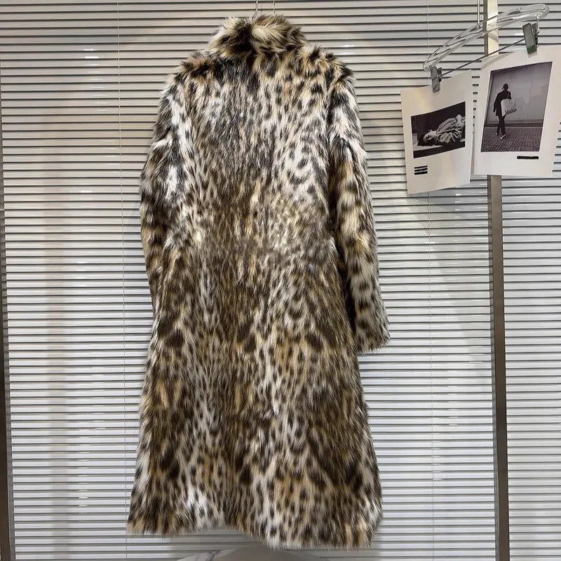 Women Faux Fur Long Coats Jackets Turn Down Collar Leopard Print Coat Thick Warm Y2k Streetwear Jacket Outerwear Autumn Winter