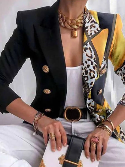 Long Sleeve Button Patchwork Simple Outerwear, Women Spring Autumn Turn-Down Collar Chic Coats, New Print Fashion Ladies Blazers