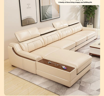 Stylish Italian Genuine Leather Sofa for Living Room with Cup Holder, USB, Adjustable Headrests & Bluetooth Speaker -...