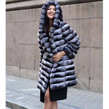 Women's fur coat winter warm mink coat casual mid-length thick hooded trench coat