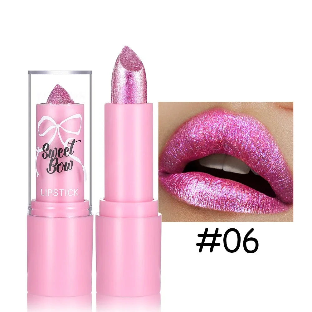 Rose Metallic Lipstick Glitter Lip Glaze Waterproof Long Lasting Moisturize Bright Red Pearlescent Shiny Lipgloss Makeup 6color