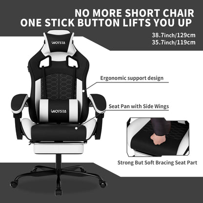 WOTSTA Gaming Chair with Footrest, Lumbar Support, Adjustable Height, Swivel Seat, Headrest ,For Office or Gaming