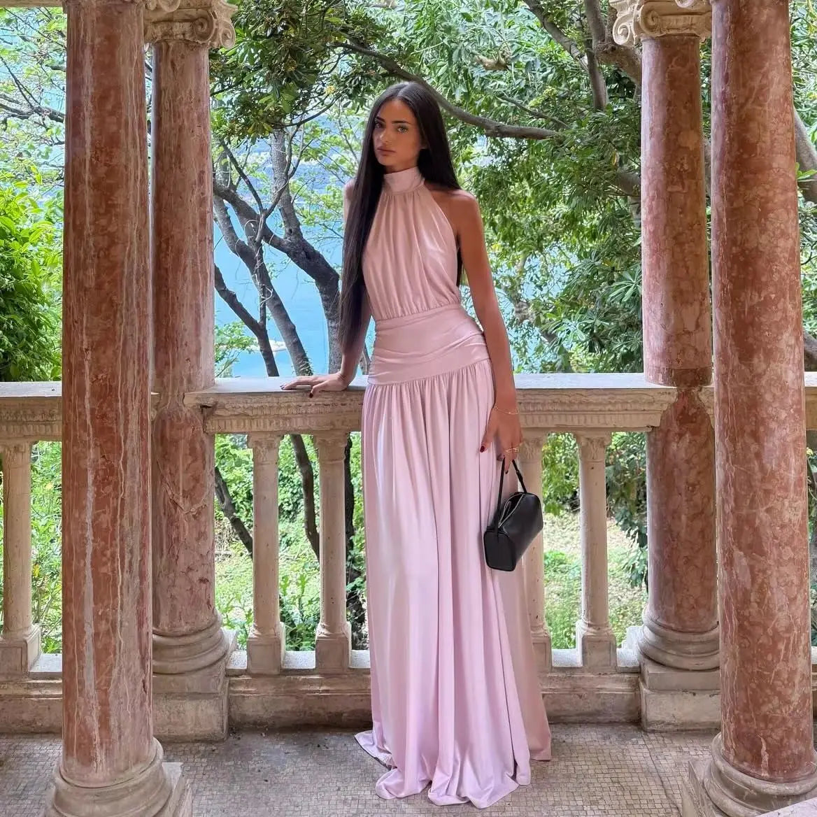 Ofherown Satin A-Line Formal Party Dress Blush Pink Halter Neck Evening Dress Prom Gown With Ruched Waist Open Back