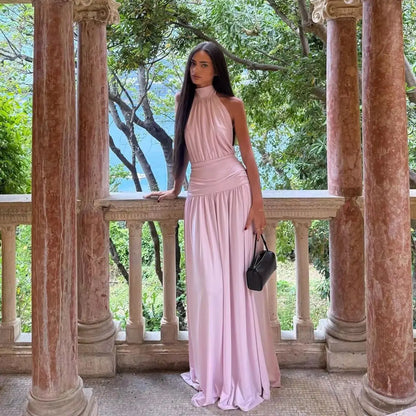 Ofherown Satin A-Line Formal Party Dress Blush Pink Halter Neck Evening Dress Prom Gown With Ruched Waist Open Back