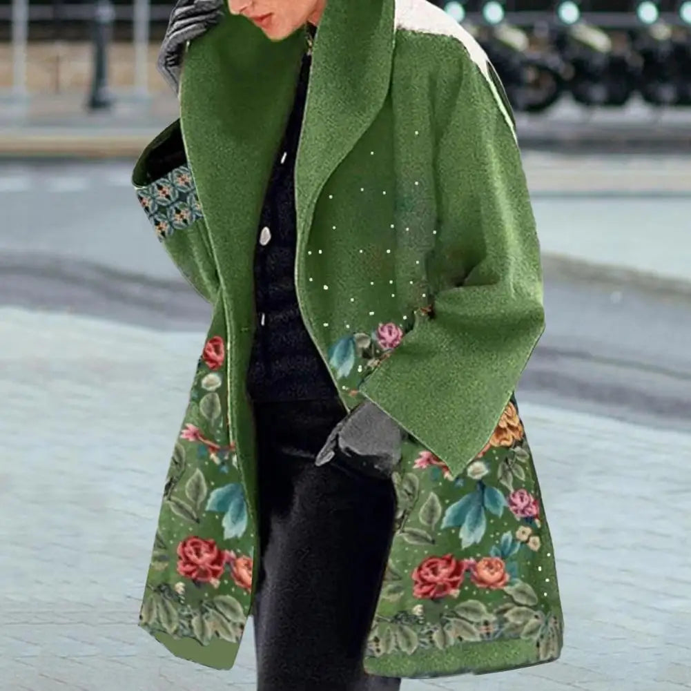 Spring Jacket Elegant Flower Print Women's Fall Winter Overcoat with Turn-down Collar Plus Size Mid Length Loose Thick Warm Long