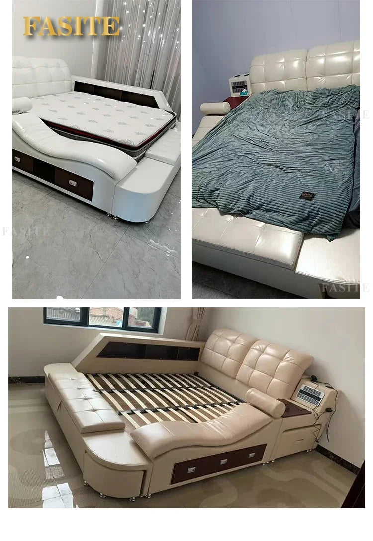 Genuine Leather Tech Smart  Multifunctional Beds Massage Modern Luxury Camas Upholstered With Bluetooth Speaker,Air Cleaner