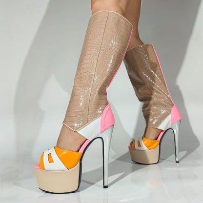 Mixed Color Crocodile-Patterned Patchwork Leather Boots Peep Toe Platform Hollow Thin Heel Summer Boots Catwalk Women Boots - Kimlud