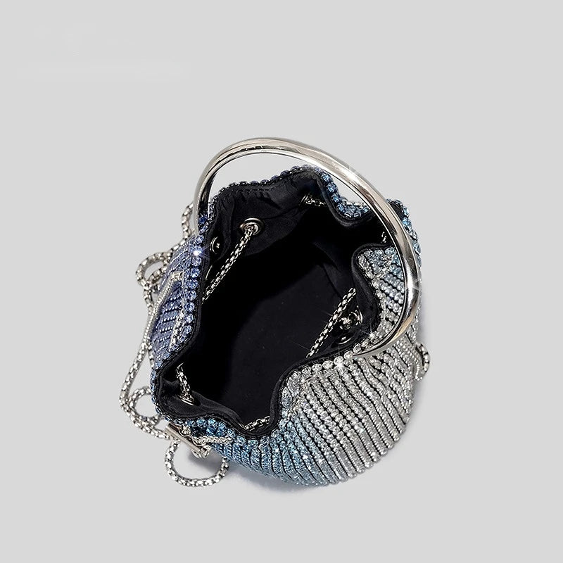 Diamond Tassel Evening Clutch Bag Round Handle Crystal Bucket Bag Luxury Designer Handbags Rhinestone Chain Wedding Party Bag - Kimlud
