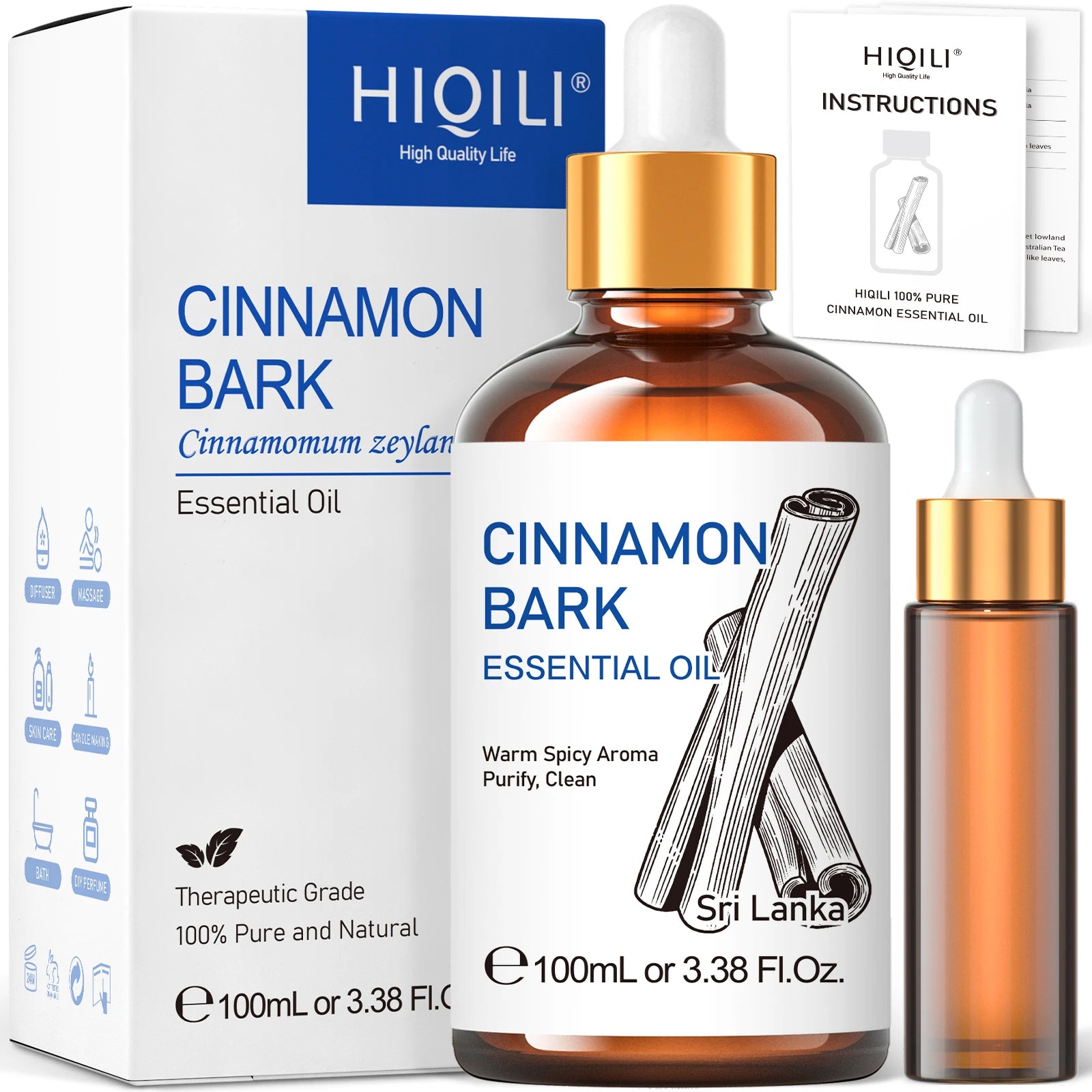 HIQILI 100ML Cinnamon Bark Essential Oils,100% Pure Nature for Aromatherapy, Diffuser, Humidifier, Massage, Relieving...