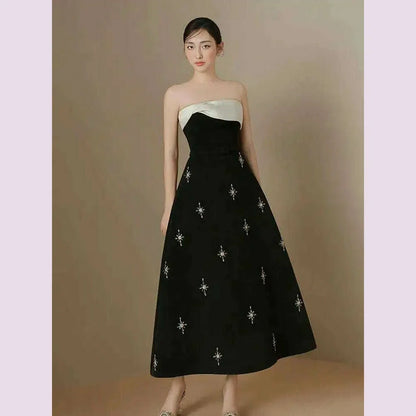DEAT Elegant Dress Spliced Diamonds Contrast Color Strapless Sleeveless Women's Party Dresses 2024 Autumn New Fashion 15C159