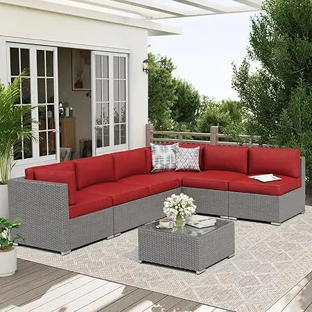 7-Piece Outdoor Patio Furniture Sofa Set Black Rattan Wicker Sectional Conversation Sets with Glass Top Table and Cushions(Red)