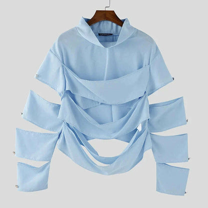 INCERUN Men Irregular T Shirts Solid Color Turtleneck Long Sleeve Hollow Out Men Clothing Streetwear 2025 Fashion Sexy Camisetas
