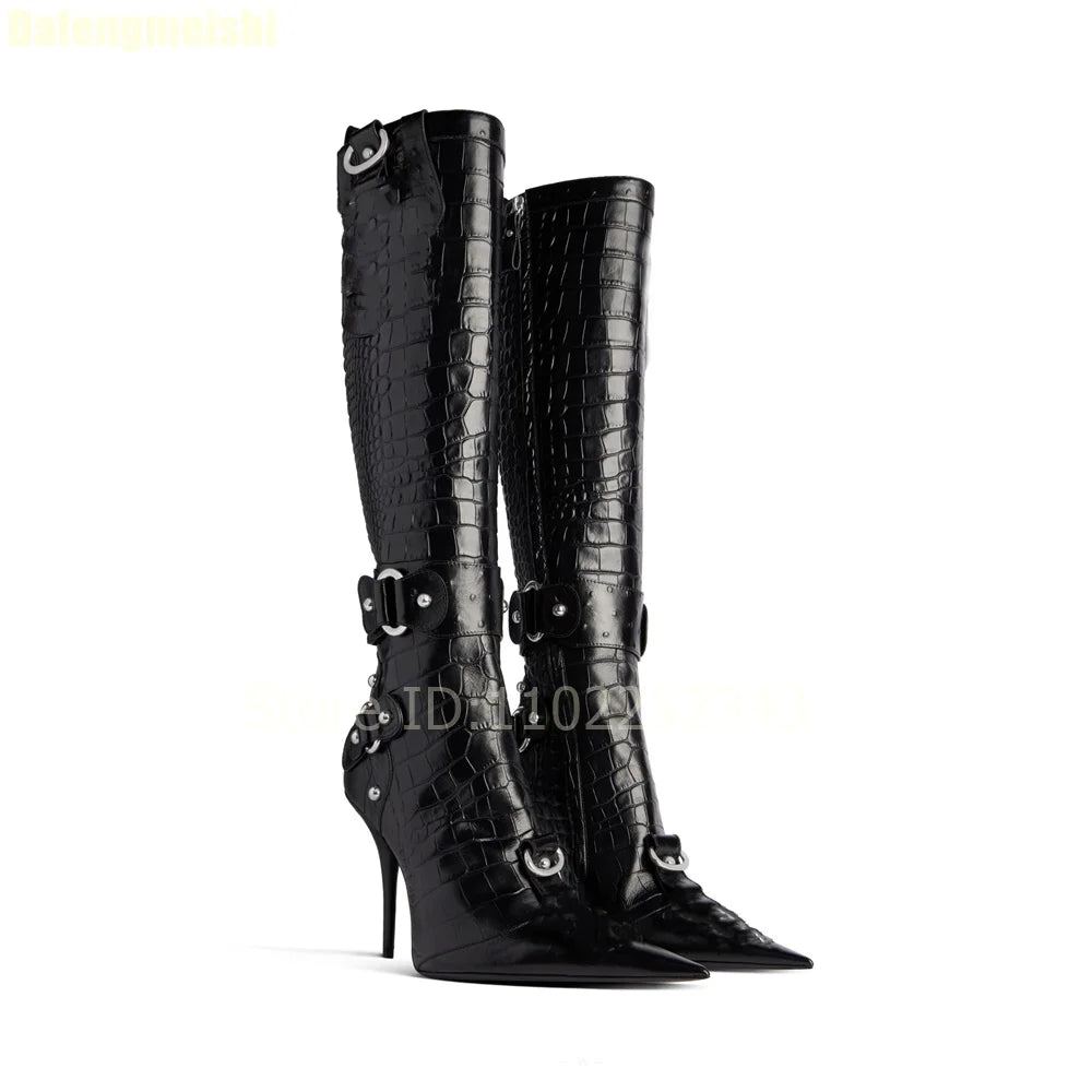 2025 New Stiletto High Heels Crocodile Pattern Boots Fashion B Button Motorcycle Pointed Toe Boots Womens Black Knee-High Boots