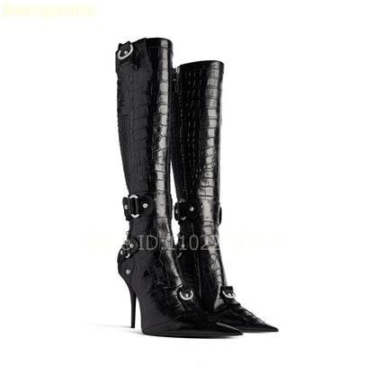 2025 New Stiletto High Heels Crocodile Pattern Boots Fashion B Button Motorcycle Pointed Toe Boots Womens Black Knee-High Boots