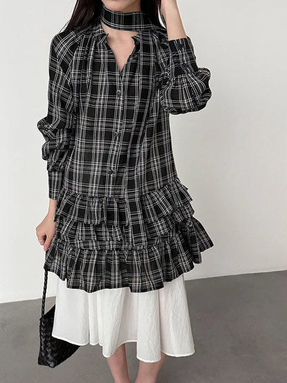 [EAM] Women Black Plaid Ruffles Big Size Elegant Blouse New V-neck Long Sleeve Shirt Fashion Tide Spring Autumn 2026...
