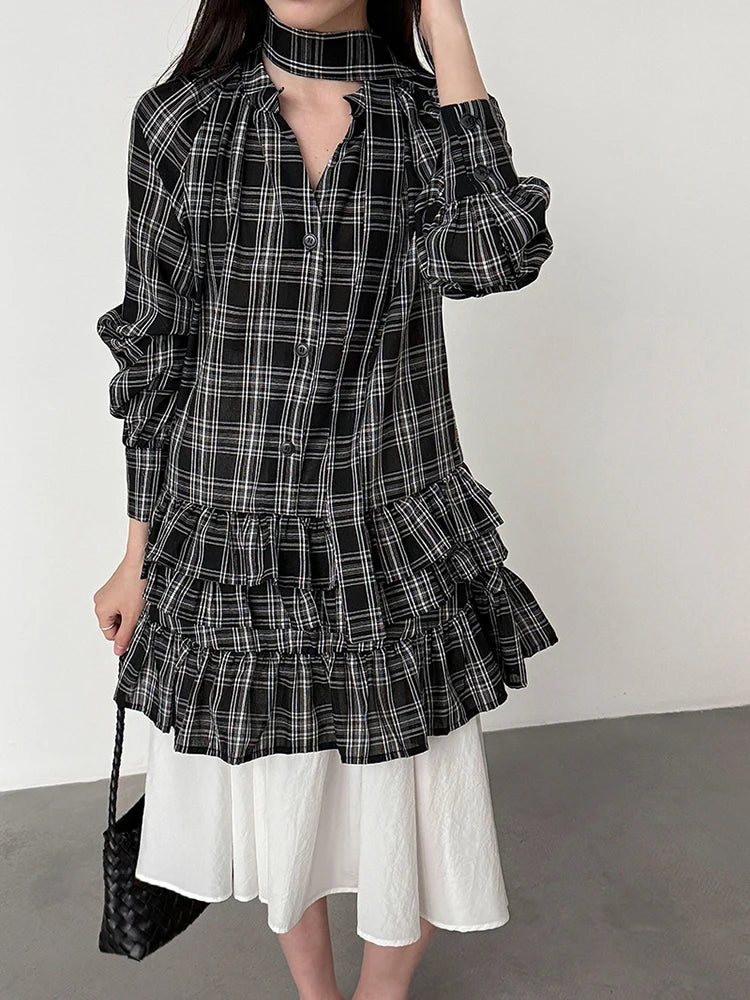 [EAM] Women Black Plaid Ruffles Big Size Elegant Blouse New V-neck Long Sleeve Shirt Fashion Tide Spring Autumn 2026...