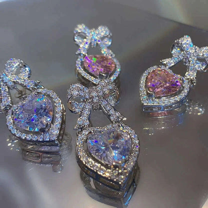 Exquisite Pink Heart Shape Bowknot Stud Earrings For Women Shining CZ Zircon Love Earring Girl Wedding Party Temperament Jewelry