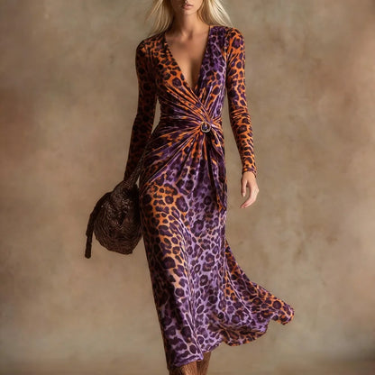 Sexy Leopard Print Velvet Maxi Dress Women Long Sleeve V Neck Twist Front Elegant Cocktail Party Dress Vacation Evening Dress