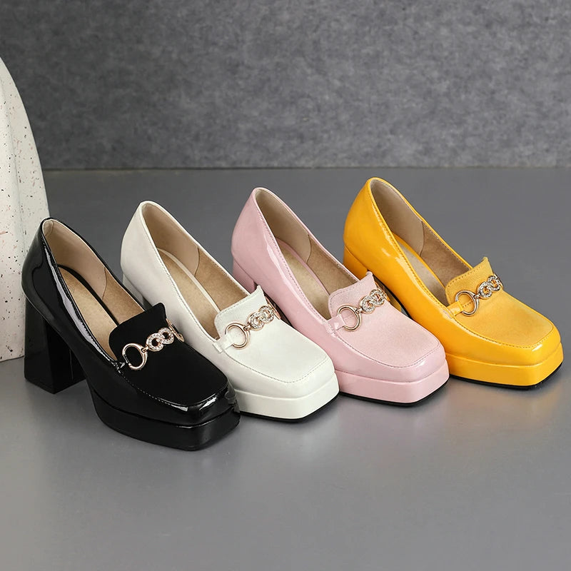 Extra Big Size 49 50 Bright Yellow Metal Crystal Chain Woman's Pumps Spring Fall Shoes Slip-on Loafers Platform Block High Heels