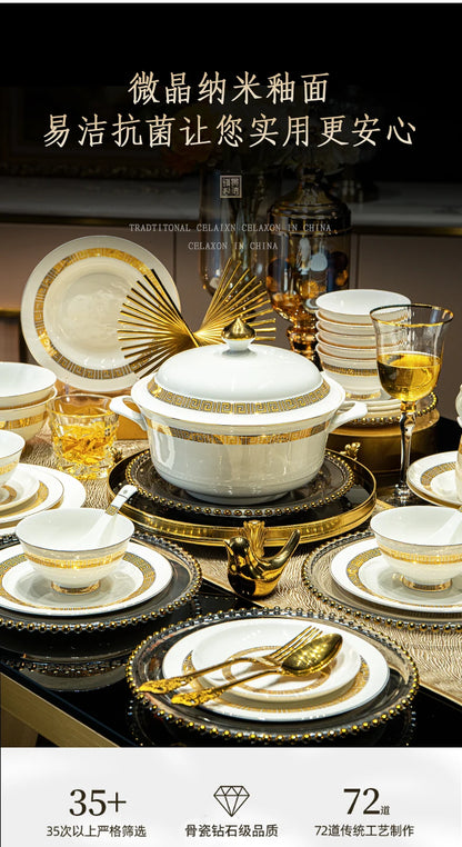 Fine Bone China Dinnerware Sets Home Kitchen Luxury Guests Wedding Tableware Set Gold Plates Jogo De Jantar Dinnerware Sets