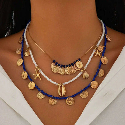Ingemark 3Pcs/Set Boho Seed Beads Chain Necklace for Women Beach Vintage Metal Conch Starfish Coin Pendant Choker Y2K Jewelry