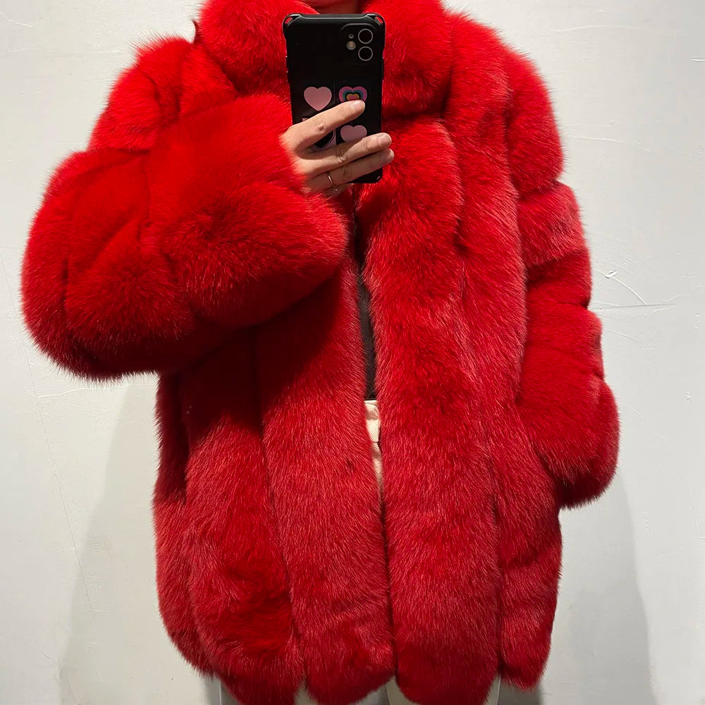YOLOAgain Women's Stand Collar Real Fox Fur Jacket Natural Fox Fur Coat 2024 Winter - Kimlud