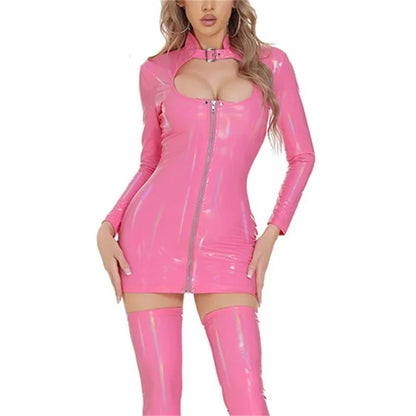Sexy Patent Leather Skinny Stretch Dresses Women Front Zipper Cardigan Dress Stand-up Collar Short Gown Female Long Sleeve Frock