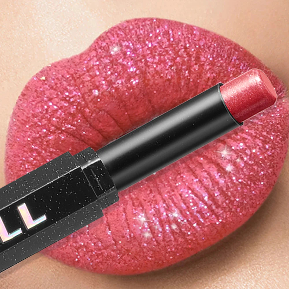 Diamond Shiny Lipstick Highly Pigmented Metallic Pearl Lipstick Waterproof Long-Lasting Makeup Sparkle Radiant All Day Cosmetic