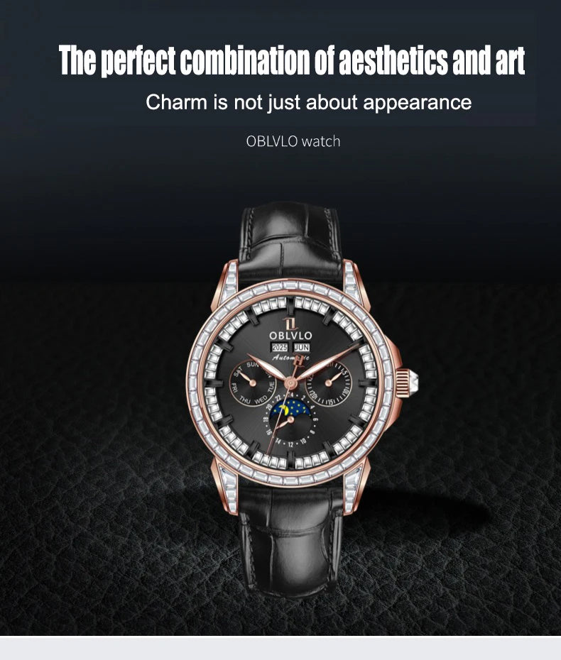 OBLVLO Men's Fashion Automatic Watch Colorful Zircon Moonphase Mechanical Multifunctional Black Leather Strap Timepiece...