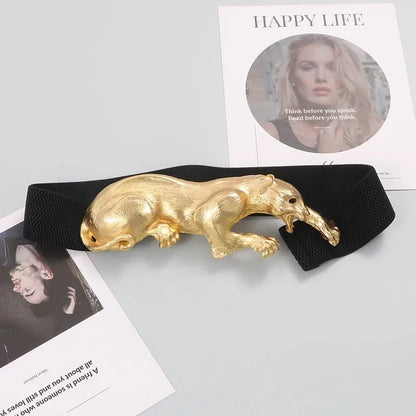 Women's Fashion Black Genuine Leather Gold Leopard corset Female Cummerbund Coat Waistband Dress Decration Wide Belt J005