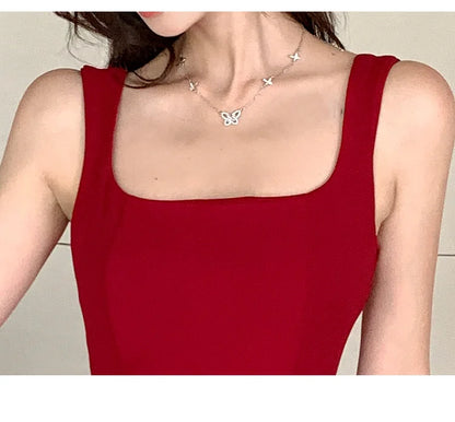 2026 New White Square Collar Sling Sexy Long Dress Women Elegant Luxury Dance Party Dress Summer Korean Vintage Bodycon Vestidos - Kimlud
