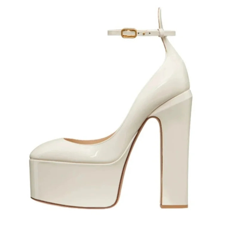 Europe And America Ultra High Heels Platform Women's Sandals Round Toe Crude Heel Female Pumps Patent Leather Lady Single Shoes - Kimlud