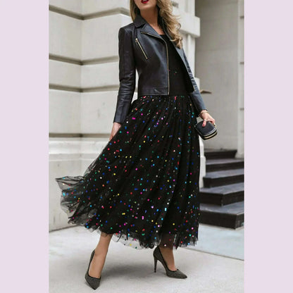 Sequin Mesh High Waist Skirt Plus Size Pleated A-Line High Street Elegant Wedding Guest Sweet Skirts 2024