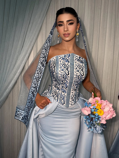 Ofherown Light Blue Evening Dress for Women Printed Corset Satin Formal Gala Prom Ball Gown 2026