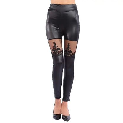 Lace Leather Patchwork Crop Pants Leggings Breathable Skin-Friendly Pure Color Women's Base Layer Pants Winter Collection - Kimlud
