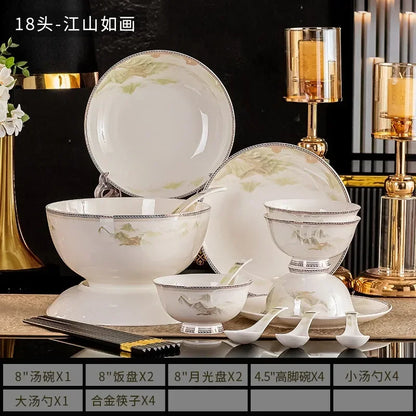 Tableware, Jingdezhen Ceramic Bowl and Dish Set, Housewarming Gift, Bone Ceramic Bowl and Plate for Household Use |...