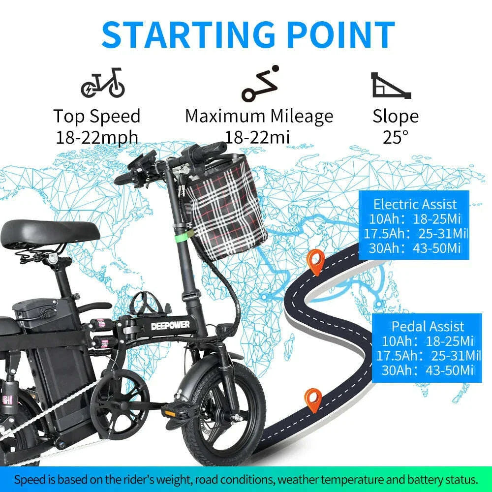 IDOTAT Bicycle Foldable Electric Bike W/ Seat & Basket 14'' 48V 10Ah 400W Motor 22Miles Range 20 MPH Top Speed Ebike for Adults