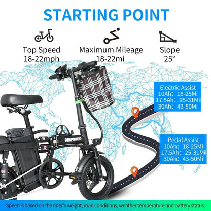 IDOTAT Bicycle Foldable Electric Bike W/ Seat & Basket 14'' 48V 10Ah 400W Motor 22Miles Range 20 MPH Top Speed Ebike for Adults