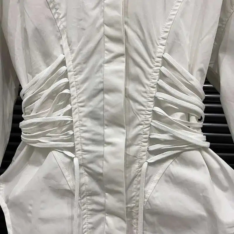 DEAT Fashion Women's Waist Strap Shirt For Women Niche Design Solid Color Long Sleeve Shirt Top Female 2024 Autumn New 11A01701