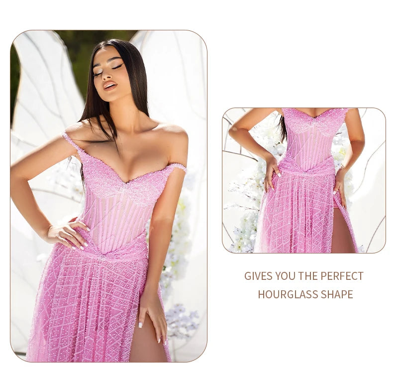 VC Sparkling Pink Off-Shoulder Sequins Dress with Dramatic High Slit for Party Prom Evening Gown