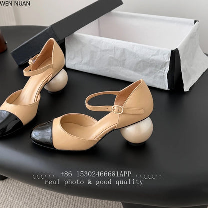 2026 New Genuine Leather Sandals Women Mary Jane Shoes Large Round Pearl Heels Buckle Strap Jane Women's Shoes Leather Side Open - Kimlud