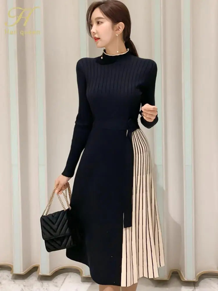 H Han Queen New Winter Elastic Knitted Dresses Women Color matching Lace-up Sweater Dress Fashion Slim Work Office Vestidos - Kimlud